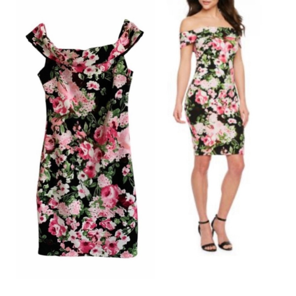 Premier Black Floral Off-Shoulder Sheath Dress with Pink Flowers